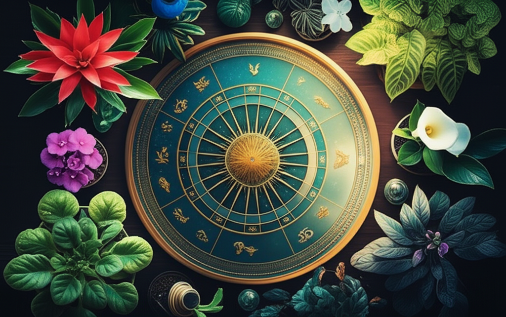 Красиво подобранные растения для знаков Зодиака, расположенные вокруг астрологического круга.