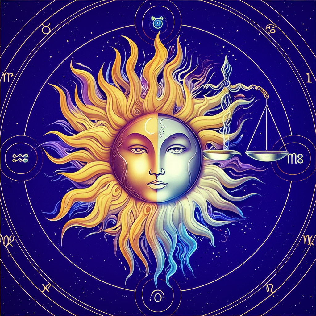 Мистическое изображение, демонстрирующее разница между солнечным и лунным знаком, с ярким золотым Солнцем и спокойной серебристой Луной, соединенными символическим мостом.