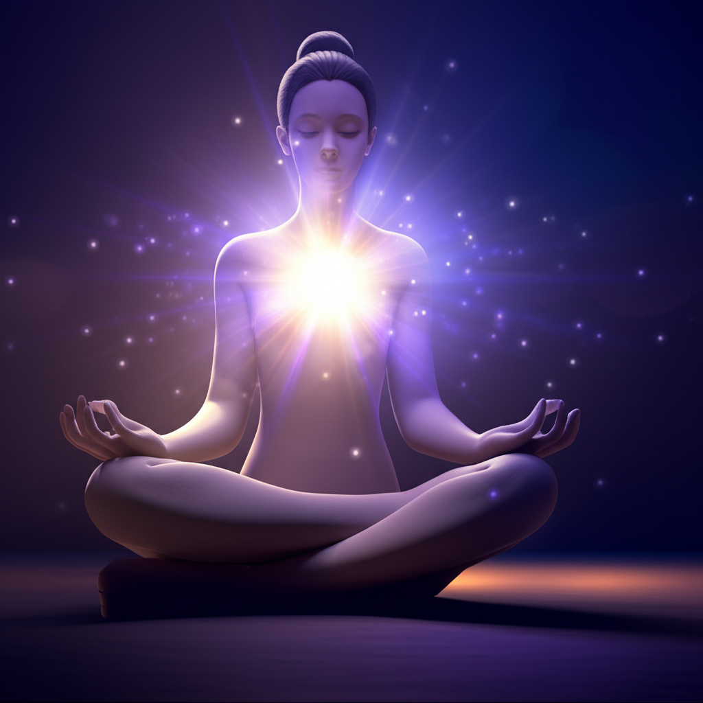 Человек медитирует, и вокруг него свечение — символ успешного развития экстрасенсорных способностей.