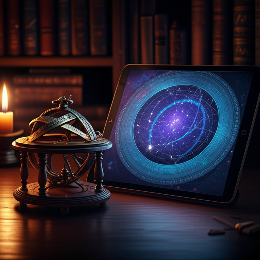 Современный рейтинг гороскопов, символизированный сравнением старинной астролябии и планшета со звездной картой.