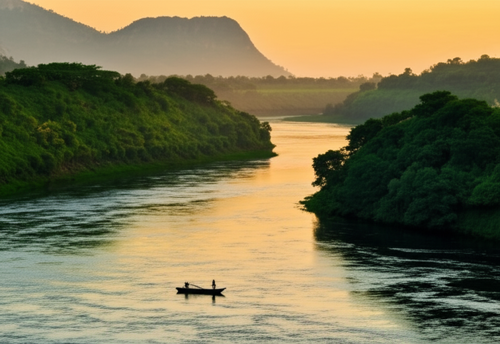 Величественная река кришна, протекающая через зеленые долины Индии на закате
