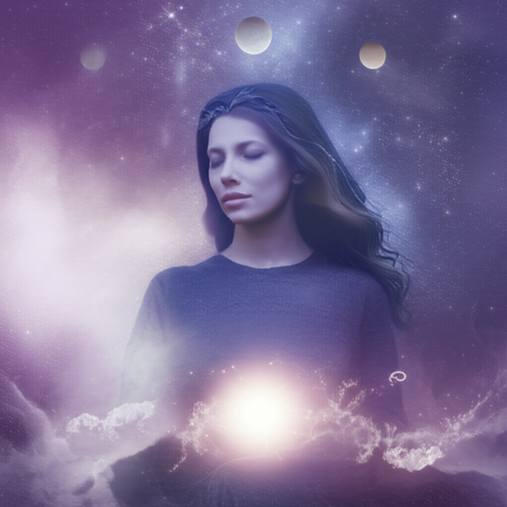 Изображение женщины, медитирующей под космическим небом с ярко выраженной планетой Венера, символизирующей период ретроградная Венера и внутреннюю работу.