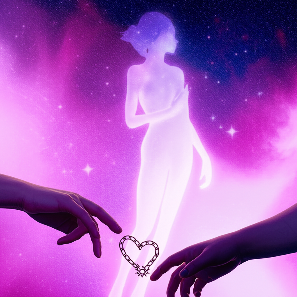 Изображение ретроградной Венеры в космическом пространстве, символизирующее переосмысление любви и отношений, с элементами интроспекции и нежных цветов.