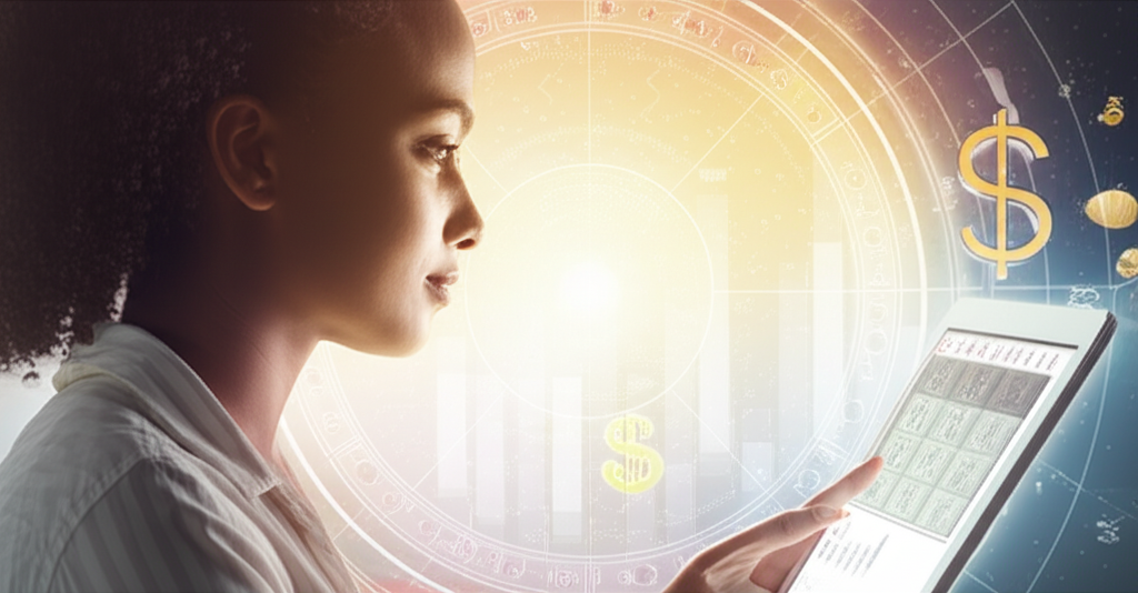 Изображение демонстрирует женщину, размышляющую над графиками и картами звездного неба, символизирующее влияние ретроградной Венеры и финансовые сделки на её решения.