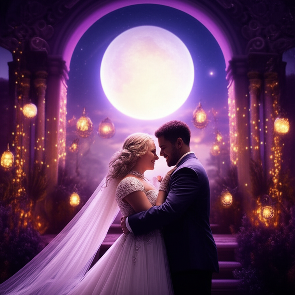 Счастливая пара обнимается в романтическом саду под сумеречным небом, на котором изображена ретроградная Венера, символизирующая нюансы, которые могут привнести ретроградная Венера и свадьбы в планирование торжества.