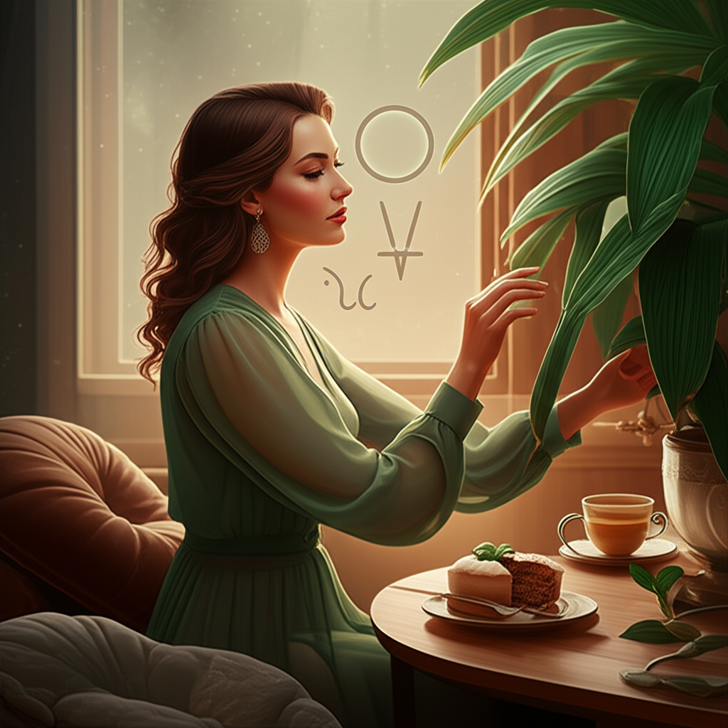 Изображение демонстрирует женщину, погруженную в размышления, окруженную символами комфорта и природы, что отражает глубокую интроспекцию, связанную с ретроградной Венерой в Тельце.