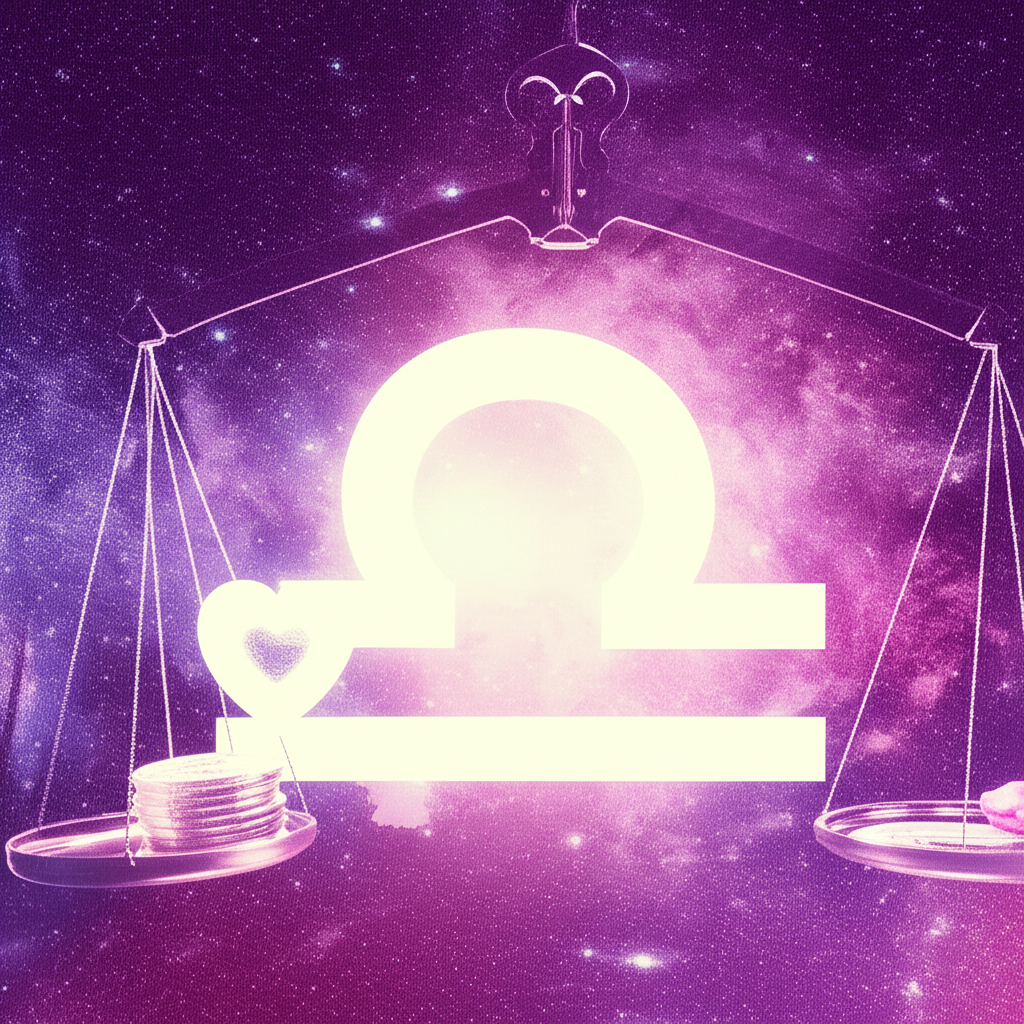 Изображение, символизирующее ретроградная Венера в Весах: весы, сердце, планеты и монеты на фоне космоса.