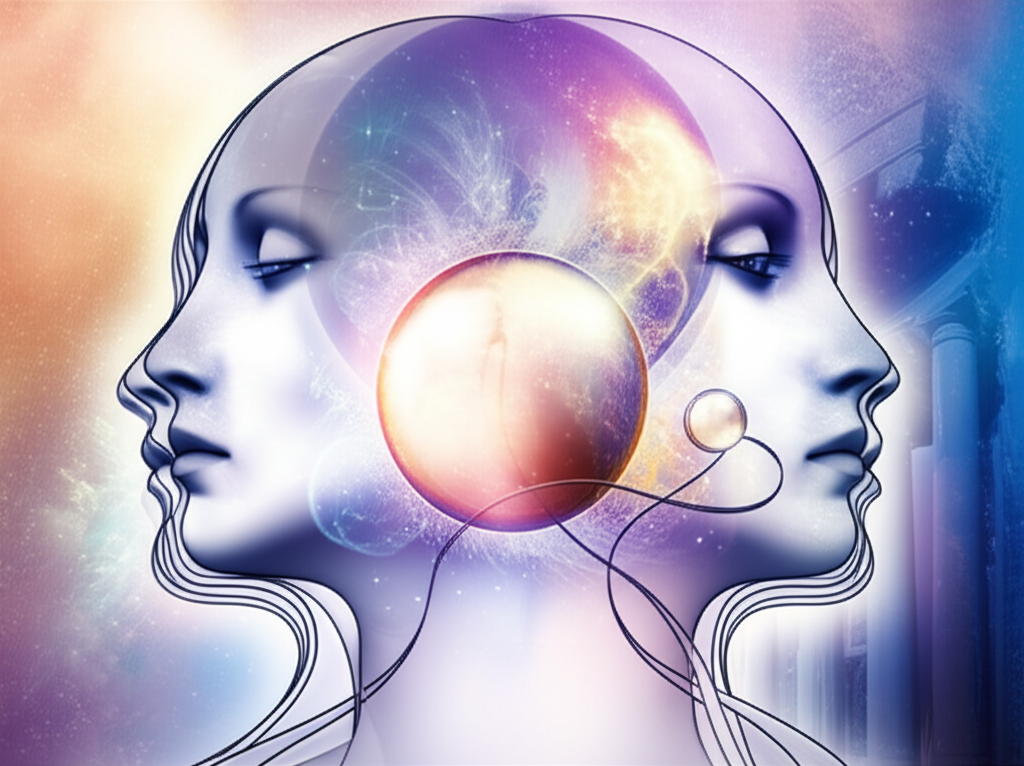 Иллюстрация, символизирующая влияние ретроградной Венеры в знаке Близнецы на коммуникацию и отношения, с элементами астрологии и мифологии.