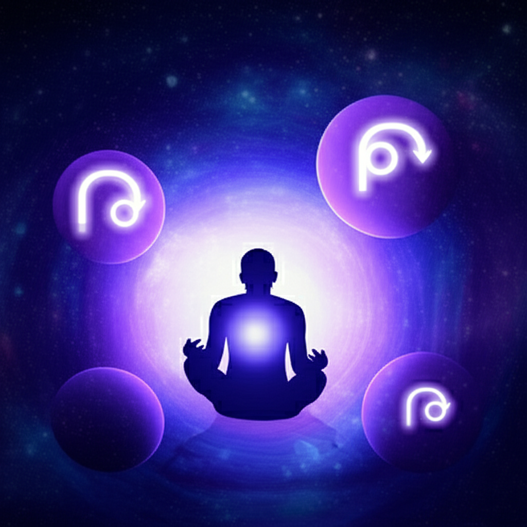 Человек сидит в медитативной позе на фоне космического пейзажа с ретроградными планетами, символизируя глубокую интроспекцию и уникальное значение ретроградных планет в натальной карте.