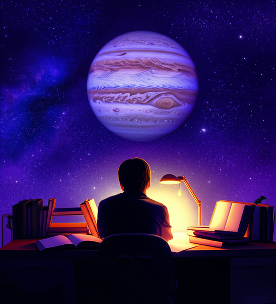 Изображение демонстрирует студента, сосредоточенно изучающего материалы под звёздным небом, что символизирует период, когда ретроградный Юпитер и обучение могут привести к глубоким озарениям.
