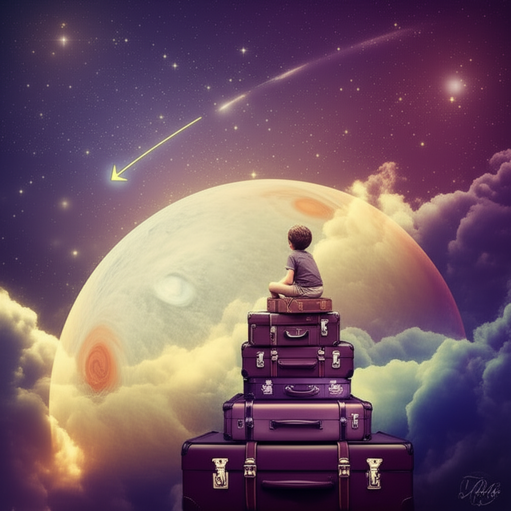 Изображение, символизирующее ретроградный Юпитер и путешествия, где человек сидит на багаже под звёздным небом, созерцая ретроградную планету, что указывает на период внутренней рефлексии и переосмысления в путешествиях.