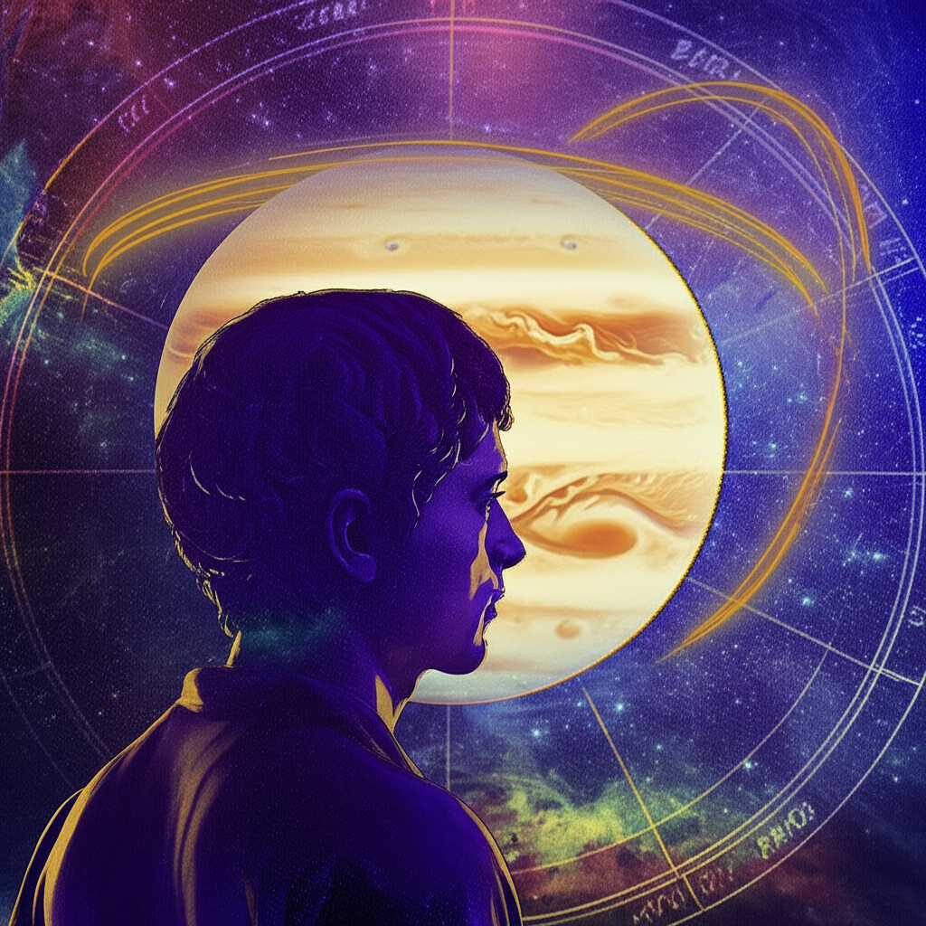 Изображение, символизирующее ретроградный Юпитер в натальной карте сомнения, где человек находится в глубокой медитации, окруженный космическими элементами, отражающими поиск внутренней мудрости.