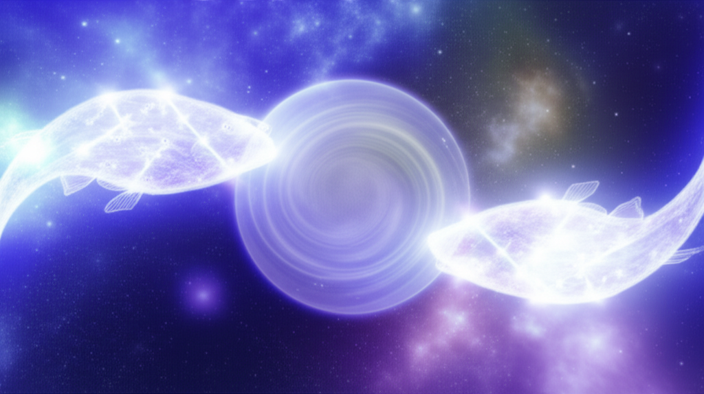 Изображение мистического Юпитера, окруженного сияющими Рыбами, символизирующее период ретроградный Юпитер в Рыбах и его влияние на внутреннюю жизнь.