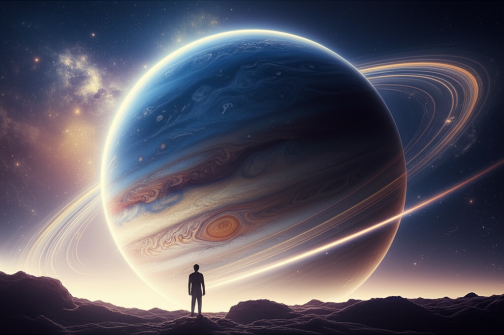 Величественное изображение ретроградного Юпитера, символизирующее внутреннюю переоценку и глубокое ретроградный Юпитер значение.