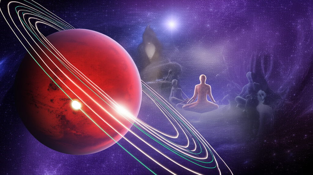 Символическое изображение ретроградного Марса, где красная планета движется назад на фоне космических туманностей, а абстрактные человеческие фигуры медитируют, подчеркивая значение ретроградный Марс что значит для самоанализа и внутренних изменений.