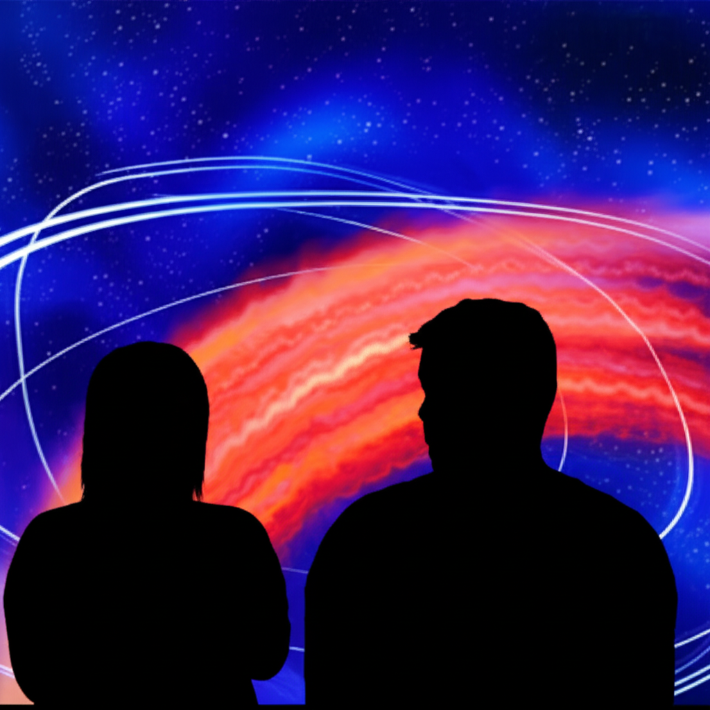 Мистическое изображение, символизирующее ретроградный Марс и конфликты: красная планета движется вспять на фоне звездного неба, с фигурами людей, выражающими напряжение и размышление.