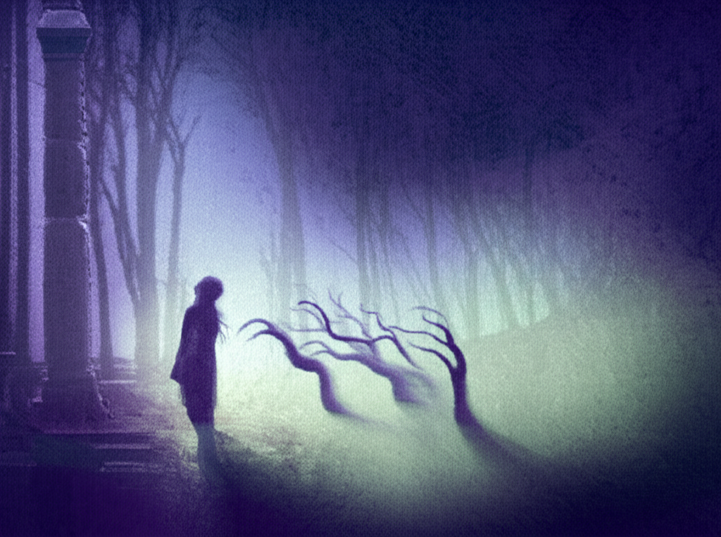 Мистическое изображение, символизирующее ретроградный Марс в 12 доме скрытые враги, с фигурой, окруженной неосязаемыми тенями и атмосферой интроспекции.