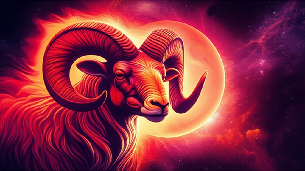 Мистическая иллюстрация, изображающая стилизованного огненного барана, символизирующего Овна, на фоне ретроградного Марса в Овне, погруженного в размышления в космическом пейзаже.