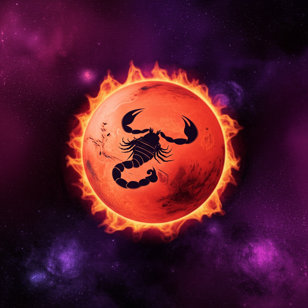 Символическое изображение ретроградного Марса в Скорпионе на фоне глубокого космического пространства, с огненной аурой Марса и силуэтом скорпиона.