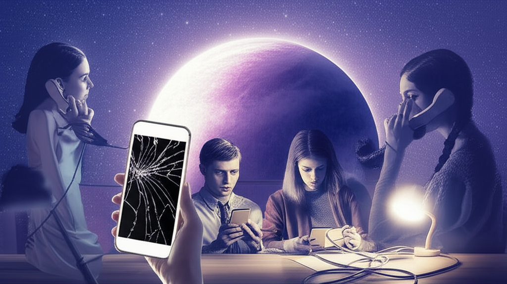 Изображение, символизирующее вызовы, которые представляет ретроградный Меркурий и коммуникации, с запутанными проводами, сломанными гаджетами и замешательством на лицах людей на фоне космического пейзажа.