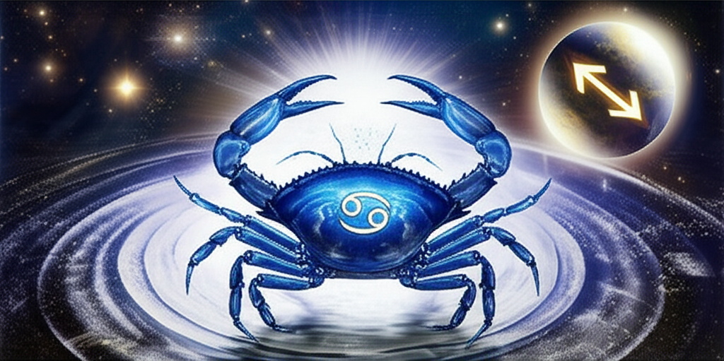 Изображение демонстрирует символический подход к теме ретроградный Меркурий и Рак советы, показывая краба в окружении космических энергий.