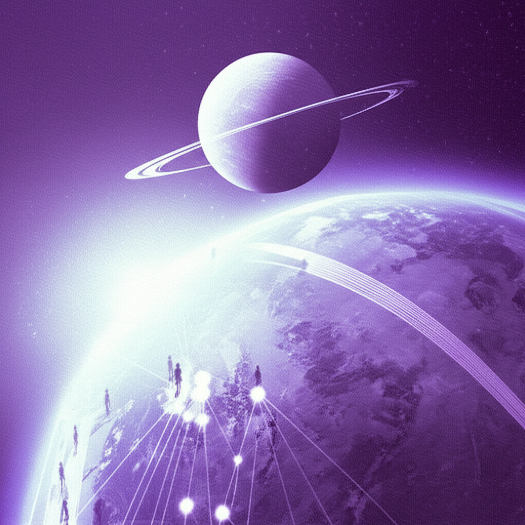 Иллюстрация, символизирующая ретроградный Меркурий и старые связи, где планета Меркурий вращается вокруг Земли, а между людьми видны нити прошлых отношений, наполненные загадочным светом.