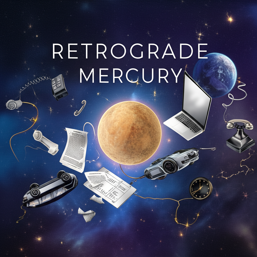 Иллюстрация, символизирующая влияние ретроградного Меркурия на коммуникации и технологии: планета Меркурий, вокруг которой хаотично расположены символы связи, сломанные гаджеты и перепутанные документы.