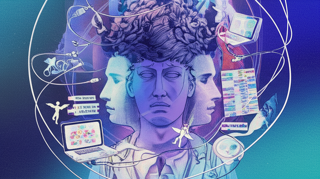 Иллюстрация, символизирующая внутренние и внешние вызовы, а также возможности для самоанализа в период ретроградный Меркурий у Близнецов.