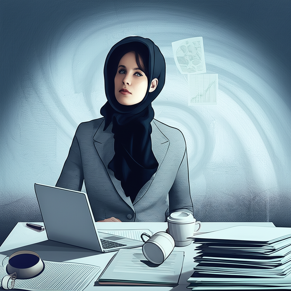 Изображение женщины-Девы, работающей за столом во время ретроградного Меркурия у Девы и работа, символизирующее вызовы и возможности этого периода.