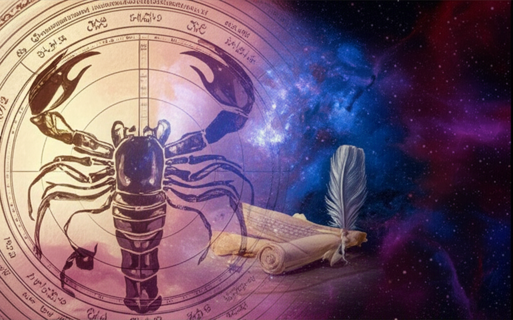 Загадочное изображение астрологического глобуса и символов Скорпиона, отражающее глубинные смыслы, которые несет ретроградный Меркурий у Скорпиона и тайны.