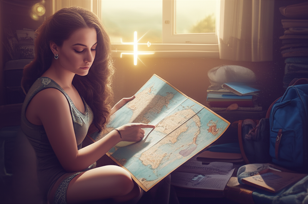 Изображение девушки-Стрельца, размышляющей над картой мира во время ретроградного Меркурия у Стрельца и путешествий.