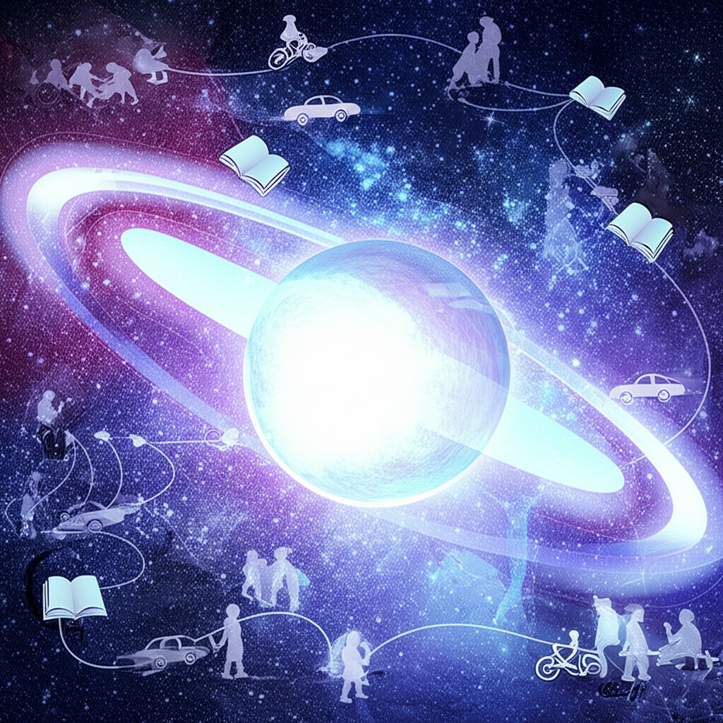 Абстрактная иллюстрация, изображающая концепцию ретроградного Меркурия в 3 доме с акцентом на коммуникации, обучение и короткие поездки на фоне космических мотивов.