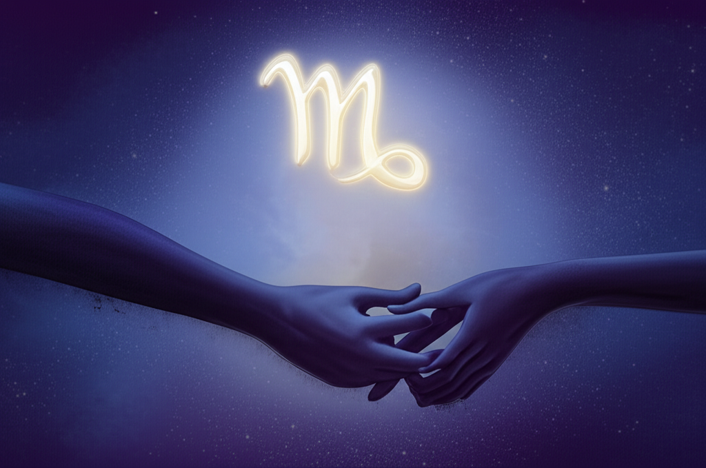 Две руки, символизирующие партнёрство, переплетаются на фоне космического пейзажа с изображением ретроградного Меркурия, что отражает влияние ретроградный Меркурий в 7 доме и партнёрство.