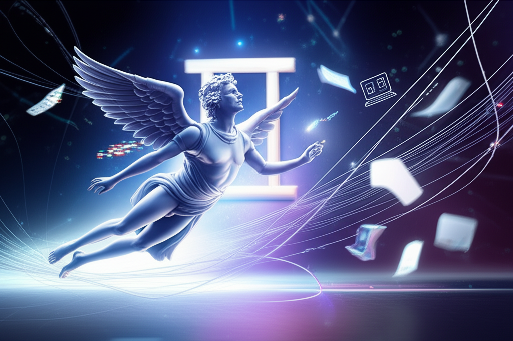 Иллюстрация, символизирующая вызовы и возможности, которые несет ретроградный Меркурий в Близнецах 2025.