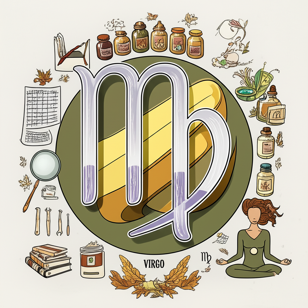 Иллюстрация, символизирующая ретроградный Меркурий в Деве советы, изображающая лупу, изучающую детали, аккуратно организованные травы и астрологические символы в спокойных тонах.