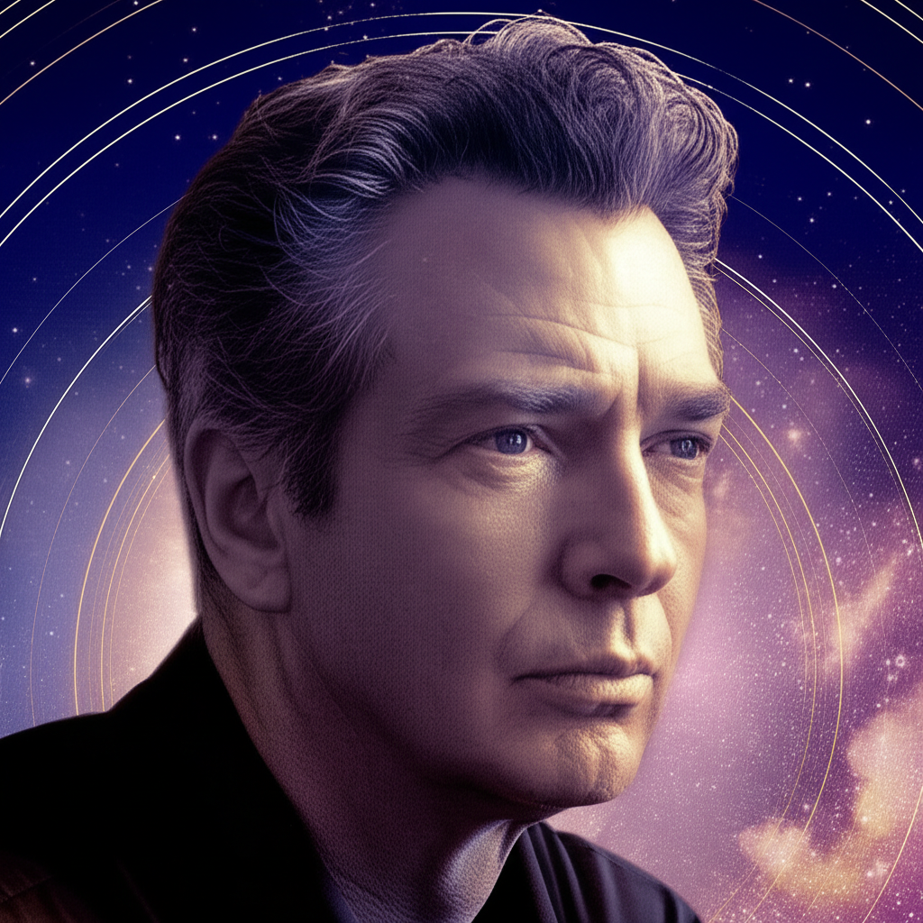 Задумчивый мужчина с ретроградным Меркурием в натальной карте у мужчин, погруженный в глубокие размышления в космическом антураже.
