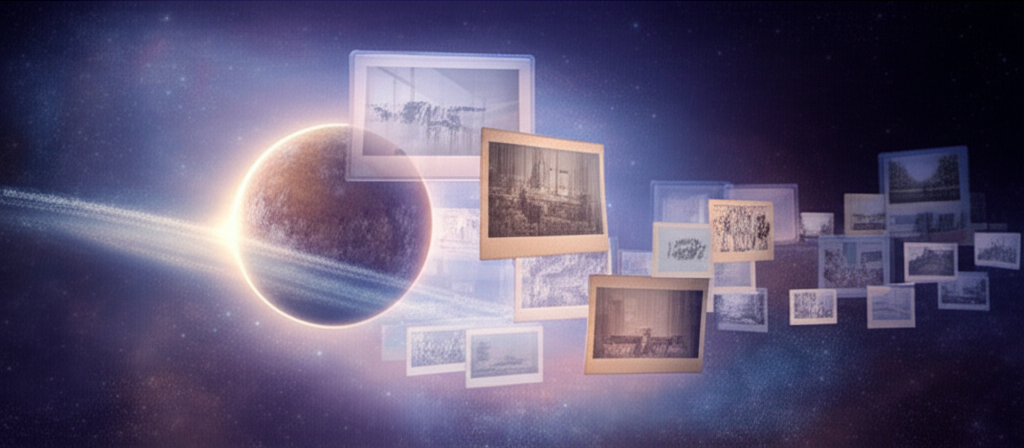 На изображении показан космический пейзаж, где ретроградный Меркурий включает воспоминания в форме парящих образов.