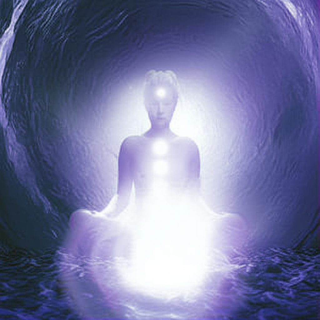 Мистическое изображение, символизирующее влияние ретроградный Нептун и интуиция на внутренний мир человека, с фигурой в медитации среди туманных водных потоков.