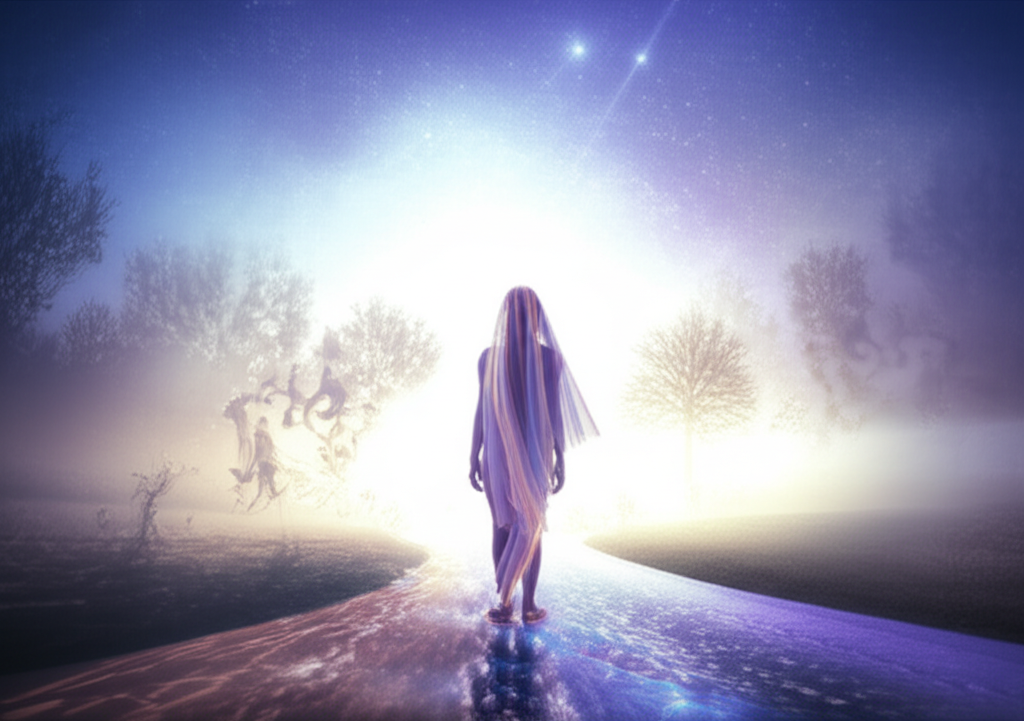 Загадочный образ человека, стоящего на распутье, где одна дорога ведет в туманные иллюзии, а другая — к ясности и прозрению, символизирующий влияние ретроградного Нептуна в натальной карте иллюзии.