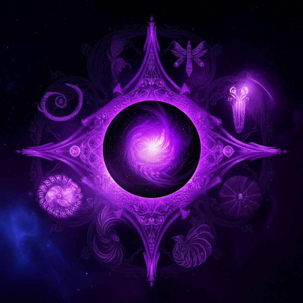 Мистическое изображение, символизирующее глубокий внутренний процесс, который предлагает ретроградный Плутон и трансформация, с центральным светящимся кристаллом, окруженным символами возрождения в космическом фоне.