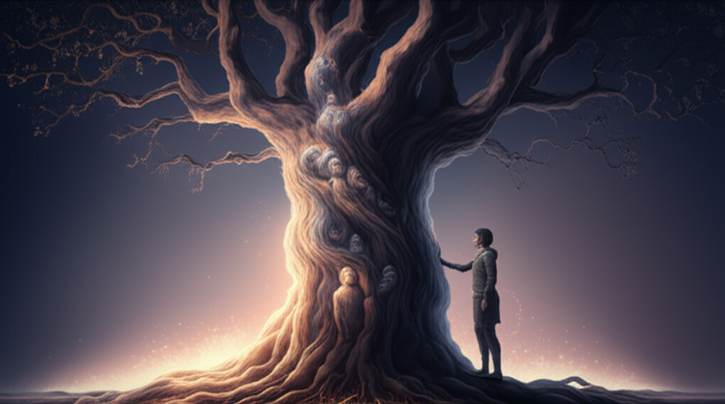 Глубокое изображение, символизирующее влияние ретроградный Плутон в 4 доме корни семьи на родовое древо и личную трансформацию.