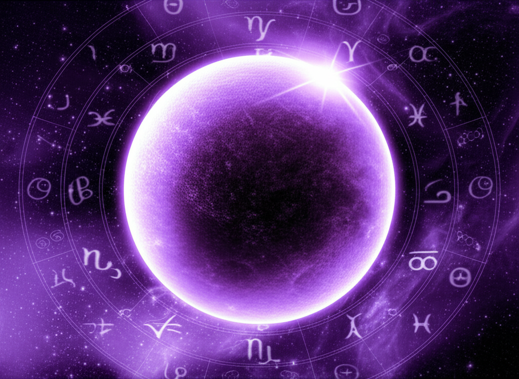 Глубокое космическое изображение, где ретроградный плутон в астрологии значение символизируется мистическим свечением планеты на фоне галактических вихрей и древних астрологических символов.
