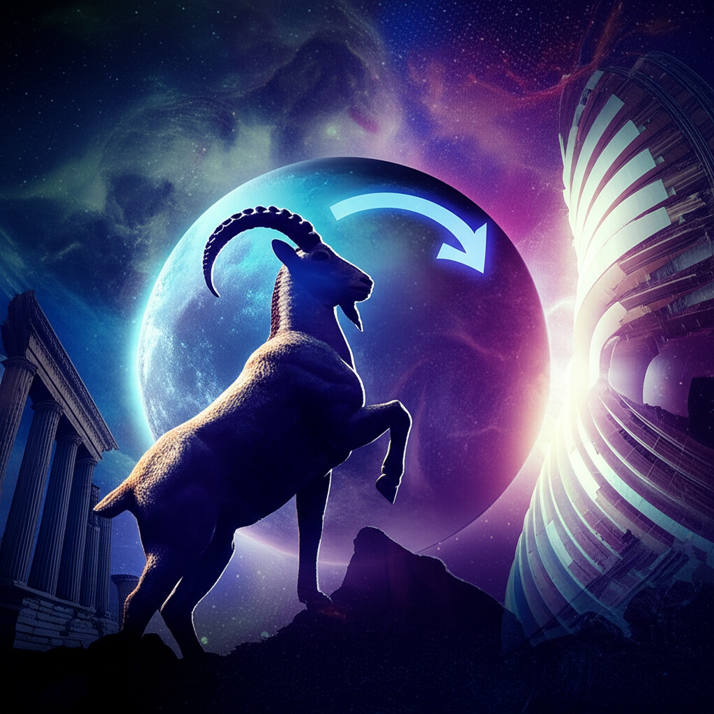 Мистическая иллюстрация, символизирующая трансформационные процессы, которые запускает ретроградный Плутон в Козероге, с изображением Плутона, Козерога и изменяющихся структур общества.