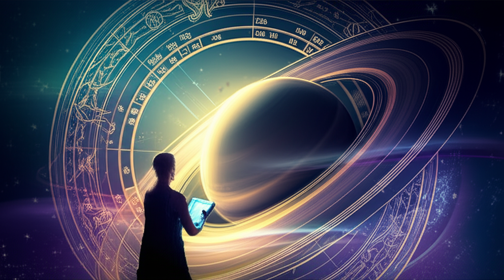 Мистическое изображение, символизирующее глубокое самоанализ и кармические уроки, которые несет ретроградный Сатурн. Астрологическая карта с выделенным Сатурном на фоне космоса.