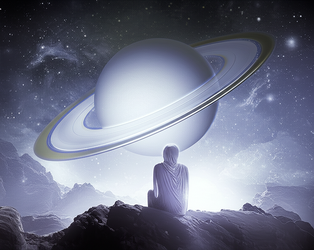 Изображение демонстрирует фигуру, медитирующую под светом ретроградного Сатурна, символизирующее глубокое погружение в себя для преодоления ограничений и обретения внутренней силы.