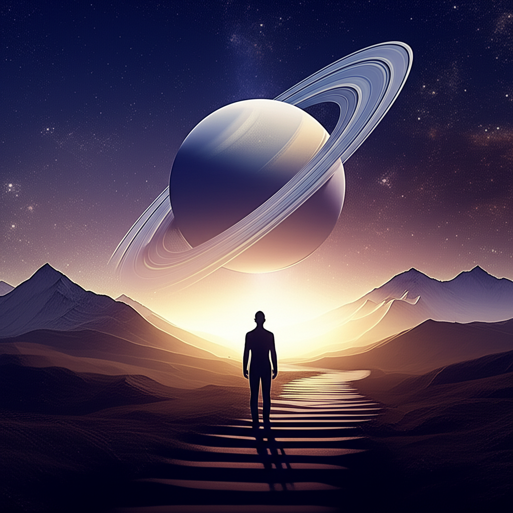 Ретроградный Сатурн в 10 доме карьера: человек на перекрестке, задумчиво смотрящий на небесный Сатурн, символизирующий долгий, но плодотворный профессиональный путь.