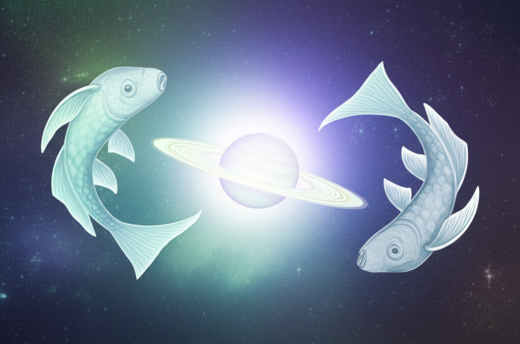 Иллюстрация, символизирующая внутренние переживания и глубокие размышления в период, когда ретроградный Сатурн в Рыбах активирует духовные трансформации и кармические уроки.