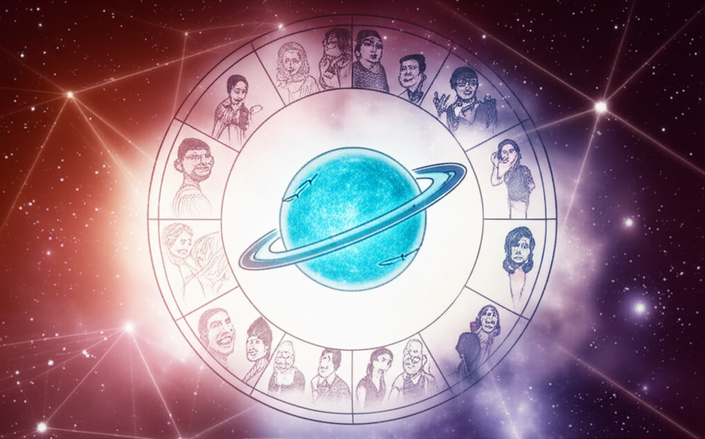 Иллюстрация, показывающая символическое влияние положения, когда ретроградный Уран в 11 доме друзья формирует уникальные и нестандартные социальные связи.