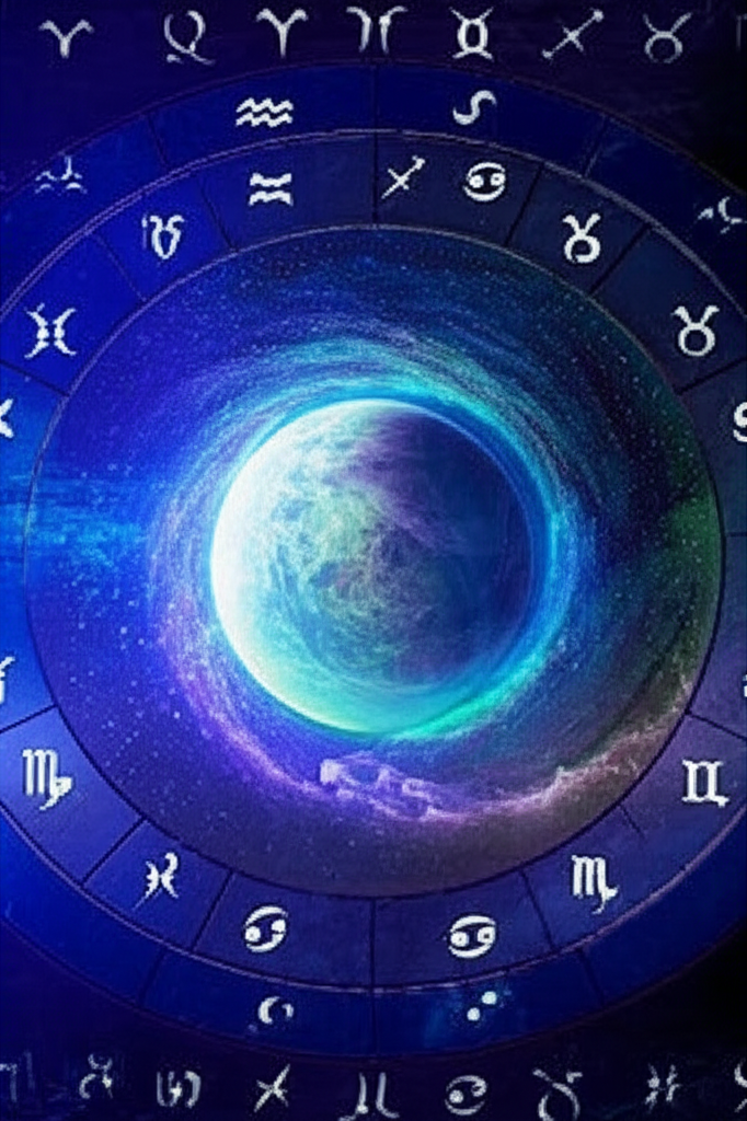 Абстрактное изображение планеты Уран с намеком на ретроградное движение, окруженной астрологическими символами, символизирующее значение ретроградного Урана как внутреннего поиска свободы и индивидуальности.