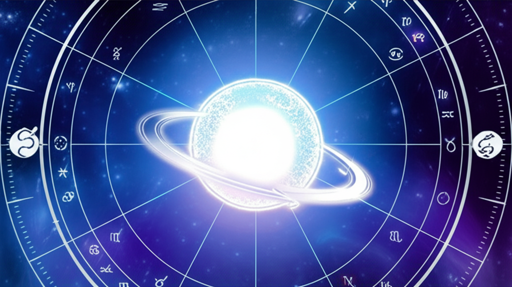 Сюрреалистическое изображение, символизирующее ретроградный Уран в натальной карте бунтарство: планета, движущаяся вспять в окружении элементов натальной карты, с акцентом на внутреннюю силу и уникальность.